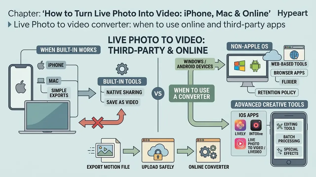 Comparison chart showing when to use built-in Apple tools versus third-party apps for video conversion