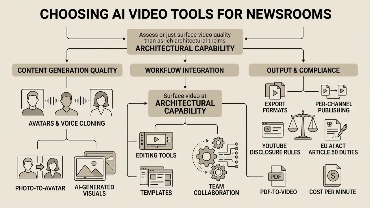 Flowchart evaluating architectural capability for video generation AI news across three core pillars
