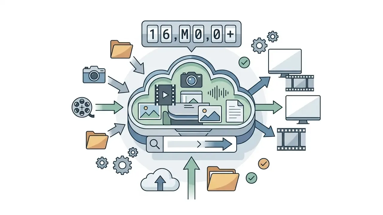 Cloud storage icon representing a media library with search tools and diverse digital assets