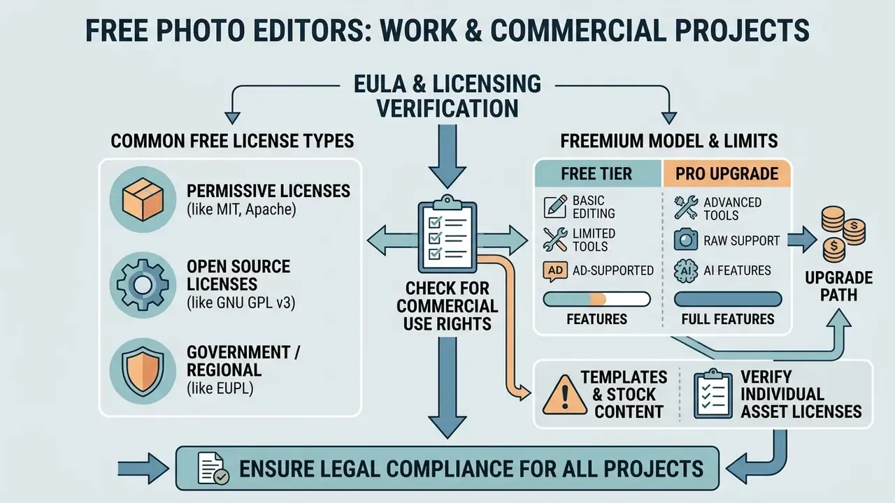 Flowchart outlining EULA verification steps for commercial use of open source and freemium applications
