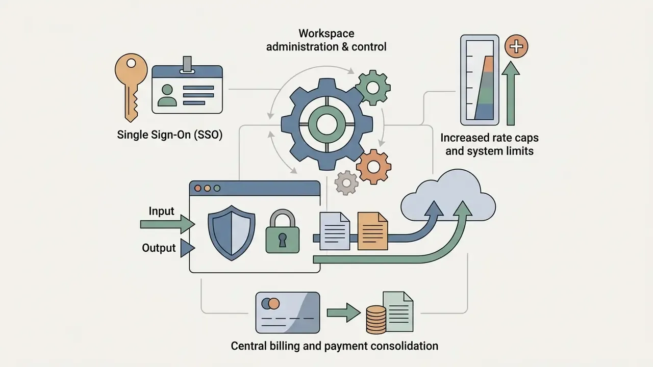 Icons representing SSO, administrative gears, rate limits, secure data flow, and central billing