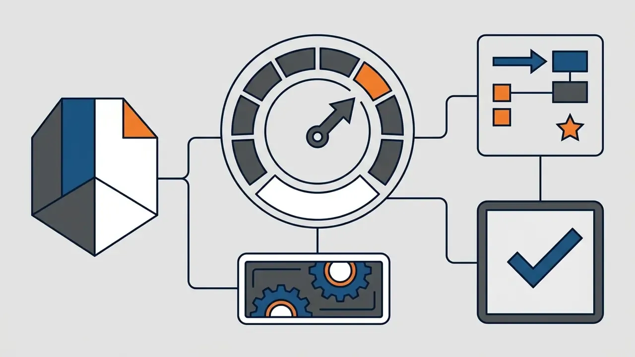 Central speedometer icon connected to a geometric shape, a gear mechanism, and a task completion box
