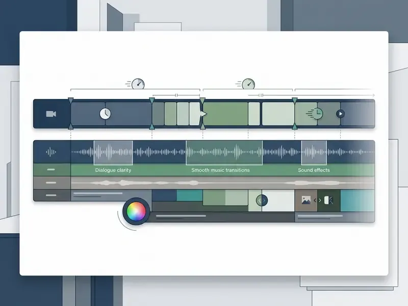 Timeline graphic highlighting pacing, audio clarity, and color grading for video portfolio assessment