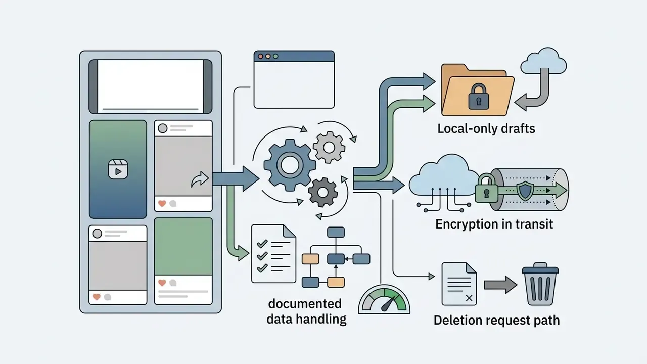 Flowchart showing media processing steps for local drafts, encrypted cloud transit, and data deletion paths