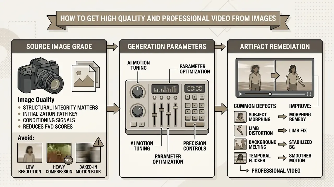 Infographic showing a process flow of source image grading, generation parameters, and artifact remediation