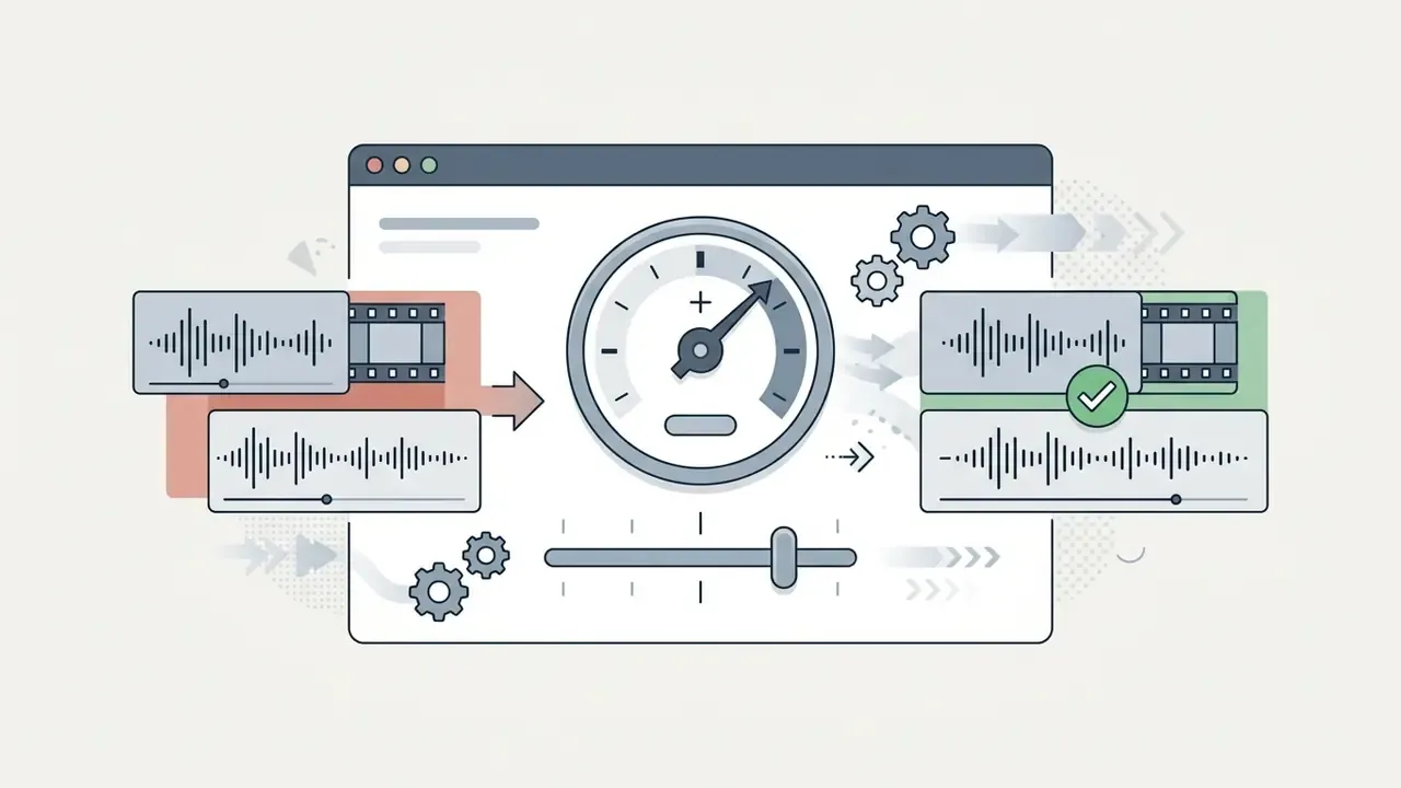 Audio waveform alignment tool adjusting sync between video and sound tracks with a slider and gauge