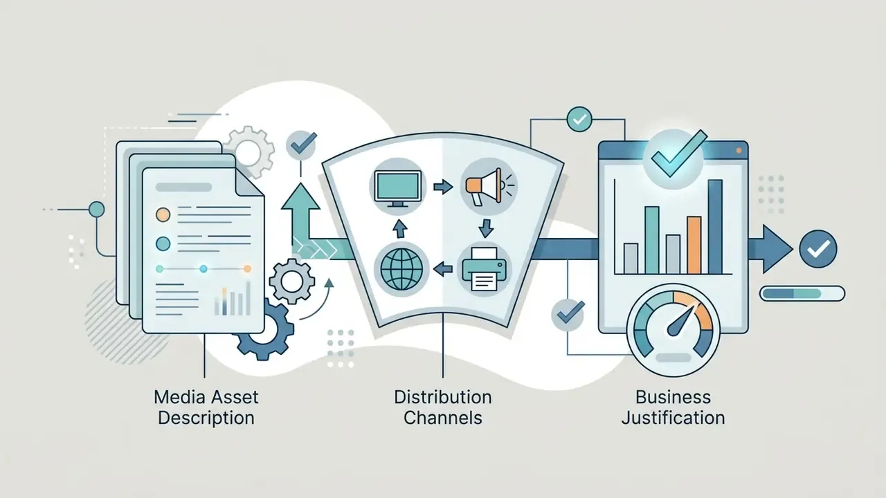 Documents flowing into distribution channel icons and a business justification dashboard with a gauge