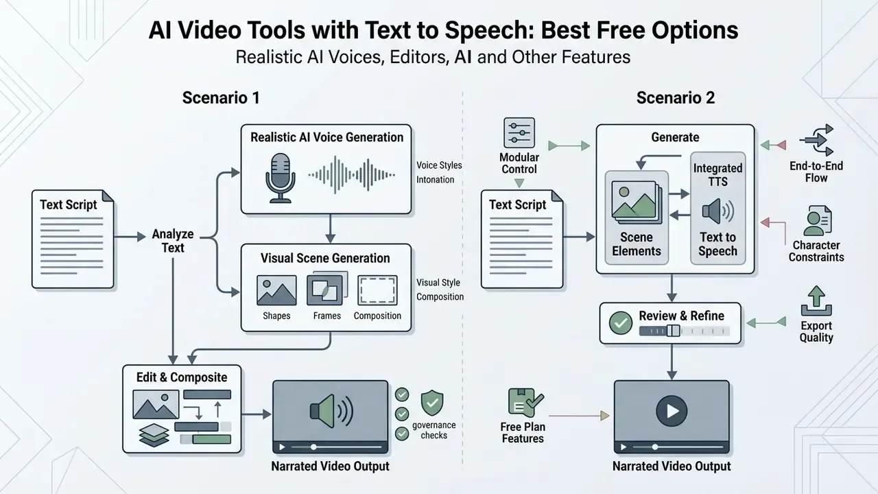 Two distinct workflows for AI video tools with text to speech comparing manual and integrated generation
