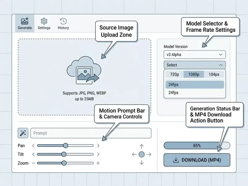 Annotated interface for an AI image to video converter featuring upload, motion controls, and download options