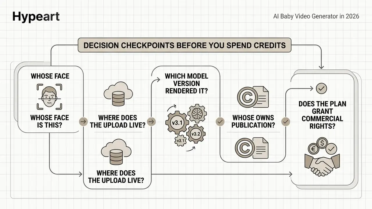 Flowchart outlining key decision checkpoints for using an AI baby video generator before spending credits