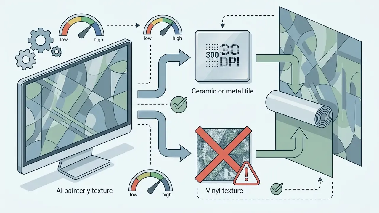 Monitor display showing texture quality levels for printing on ceramic tiles versus matte vinyl surfaces