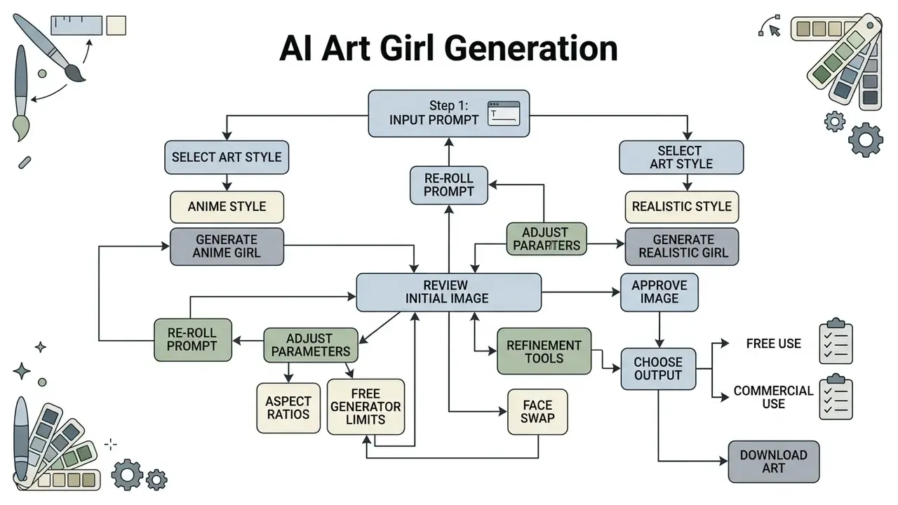 Step-by-step flowchart illustrating the process of creating an ai art cute girl in an online generator