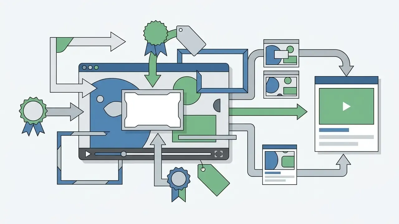 Vector graphics like arrows, badges, and frames being applied to media elements in a digital workspace