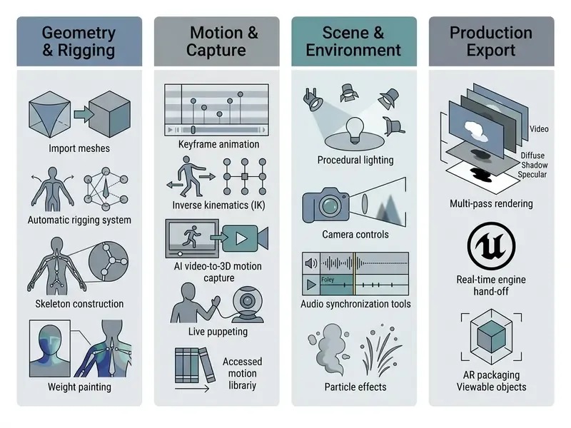 Four vertical columns detailing the essential functional pillars of an animation maker 3d software suite