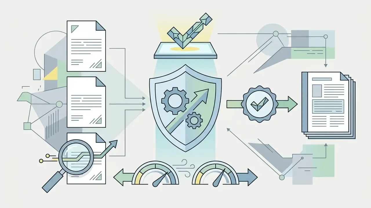 Documents flowing through a central gear-shield icon toward a verified report and performance gauges