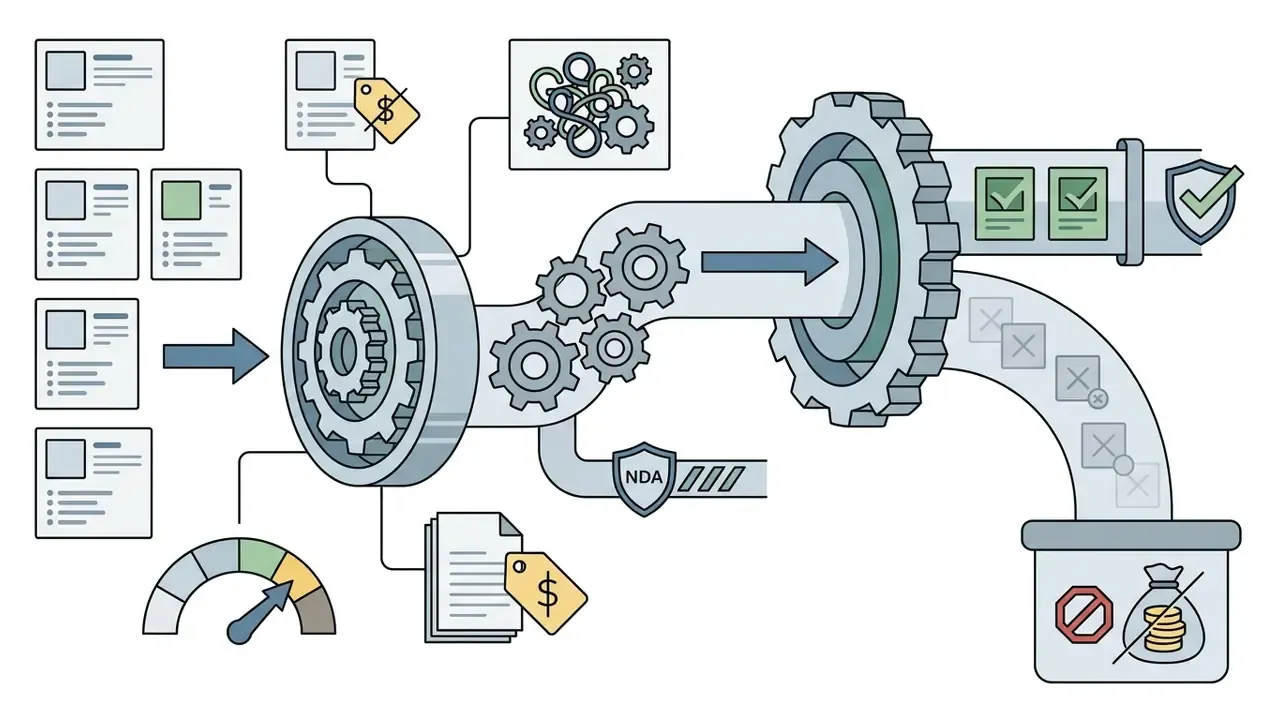 Process flow showing job listings entering a gear mechanism that filters out ghost jobs