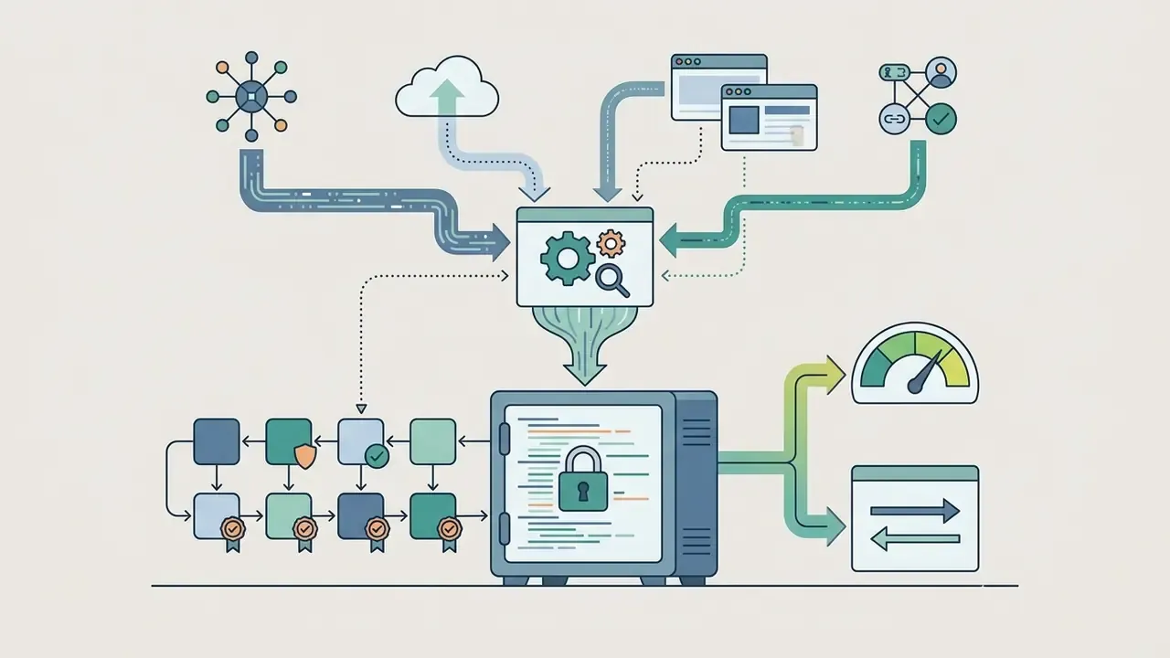 Network inputs and identity nodes funneling data into a secure vault with monitoring and traffic outputs