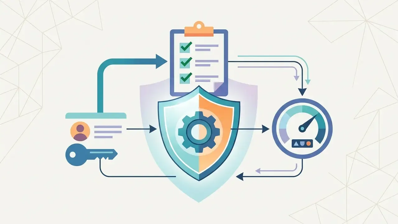 User credentials and a key flowing into a central gear shield and a checklist for policy validation