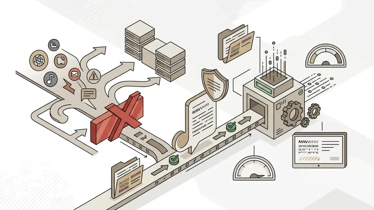 Data moving through a secure processing machine while a red barrier blocks unauthorized external paths