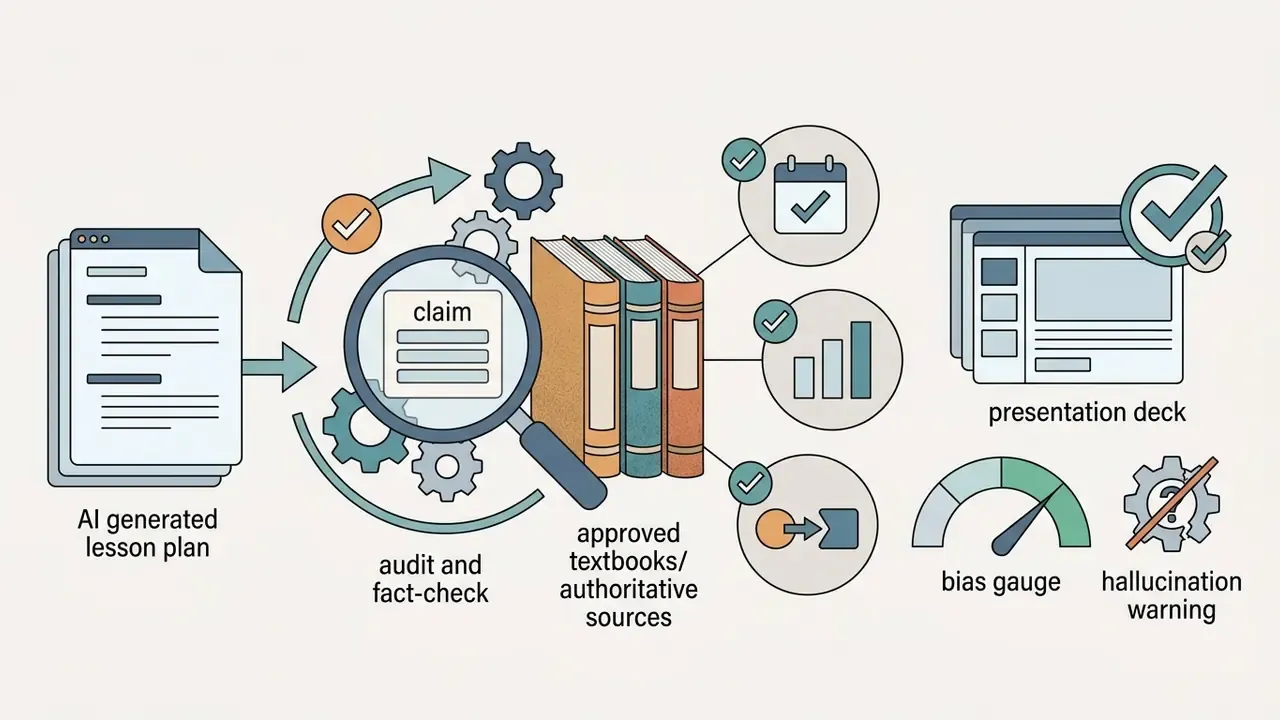 Process of using a magnifying glass to verify AI lesson plan claims against textbooks and data sources