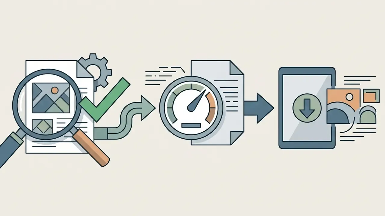 Magnifying glass inspecting a document followed by a speed gauge and a device downloading an image file