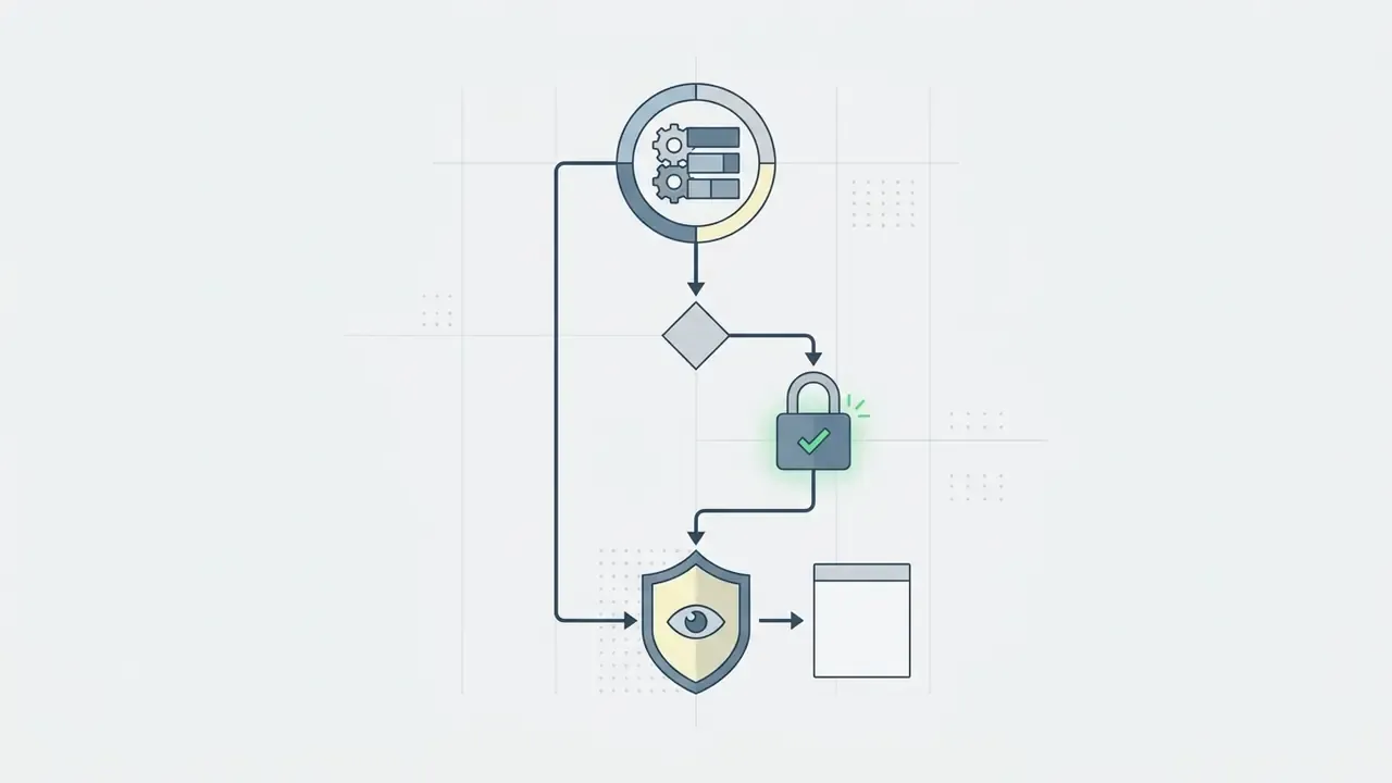 Flowchart showing a gear process branching to a locked shield icon and a private visibility result