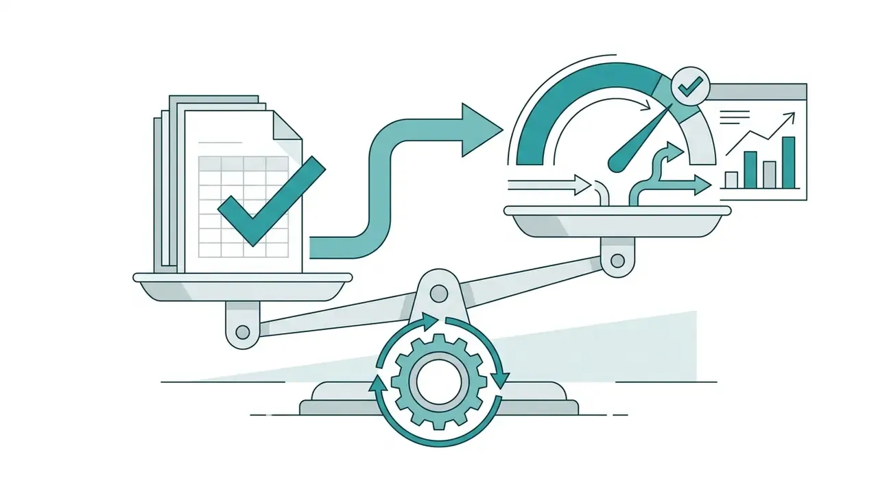 Balance scale with documents on one side and a speedometer with analytics charts on the other