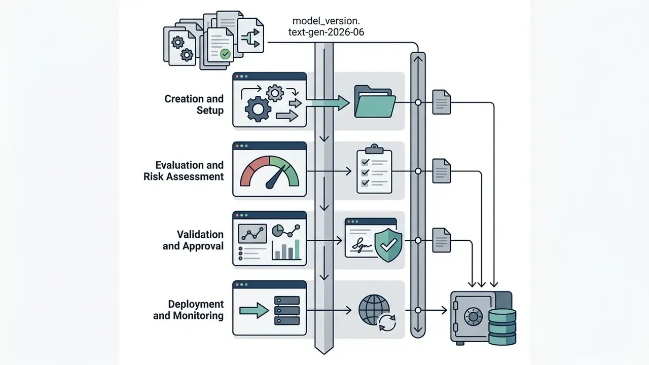 Sequential process steps for model versioning leading to a secure vault for audit documentation