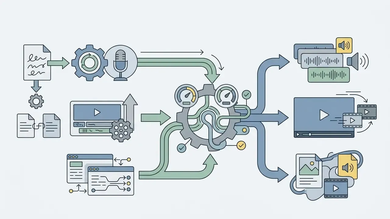 Media production inputs feeding into a central processing hub that outputs to audio and video files
