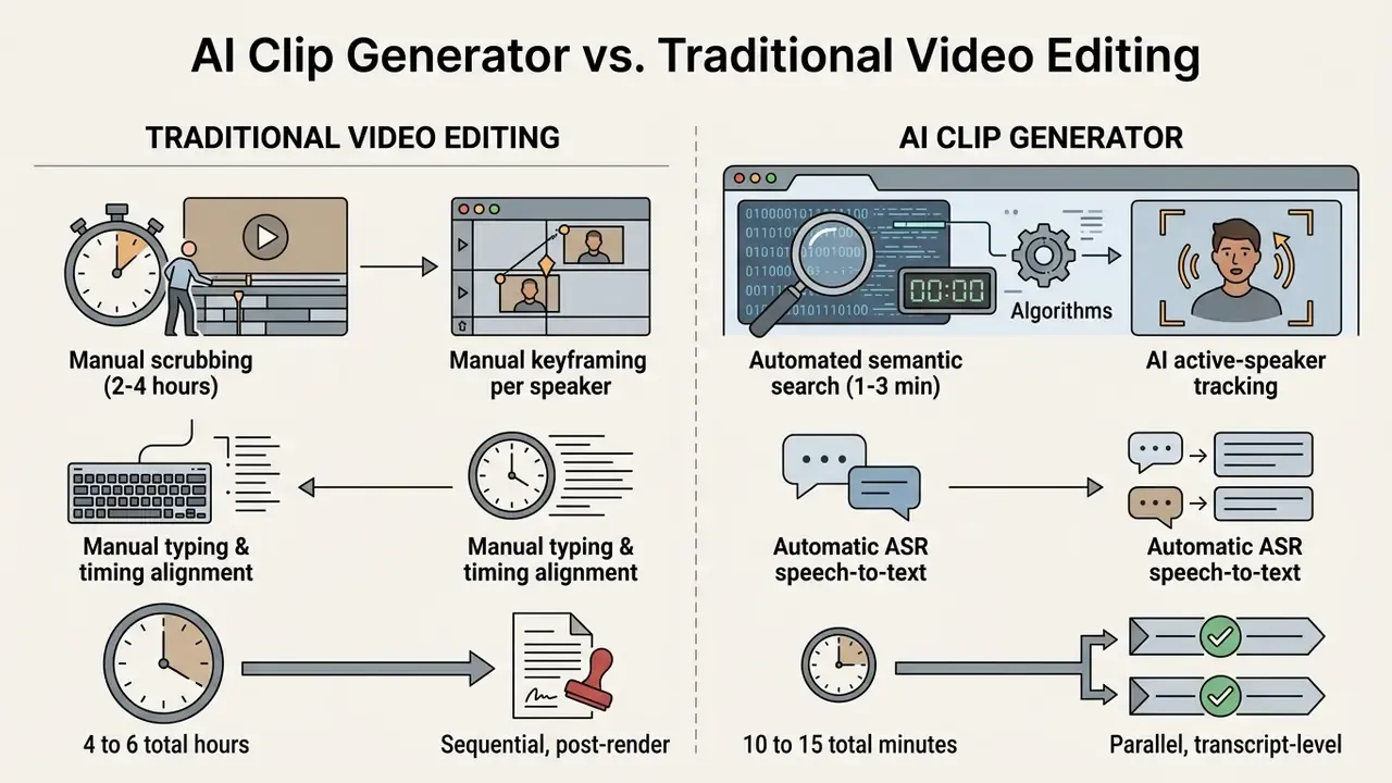 Comparison table contrasting manual video editing workflows with automated AI clip generator processes