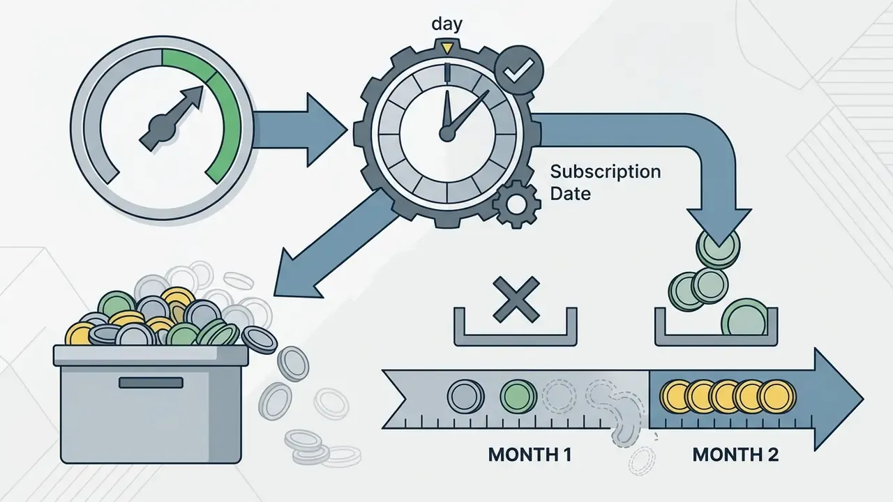 Gauge and clock mechanism showing AI video credits resetting at the monthly subscription date
