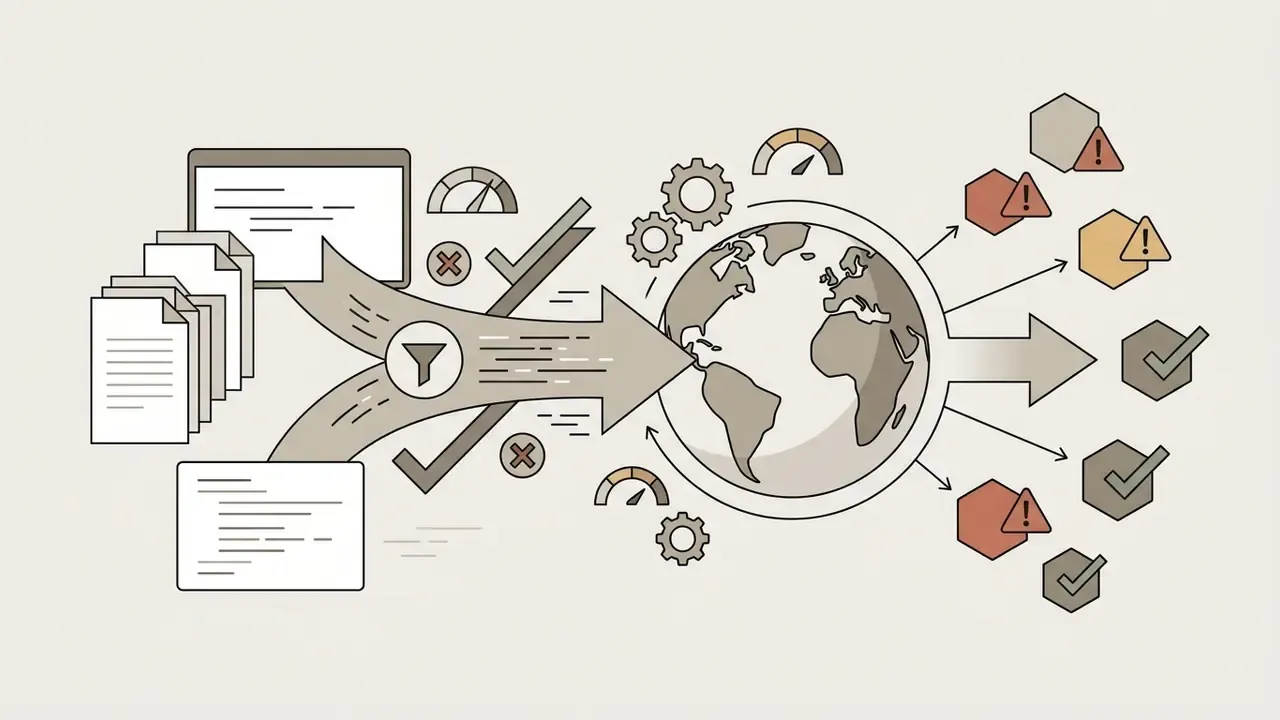 Files and code flowing through a funnel into a global map with various warning and checkmark icons