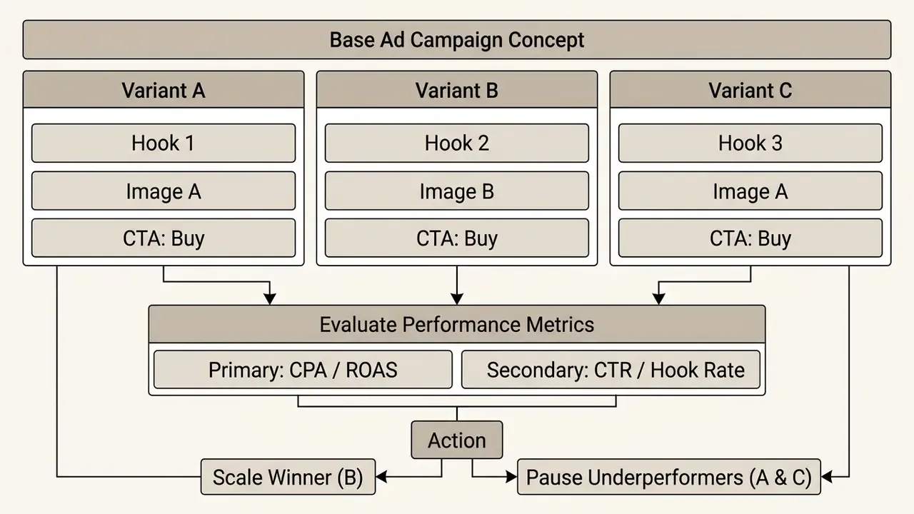 Process map showing ad variant testing, performance evaluation metrics, and subsequent scaling actions