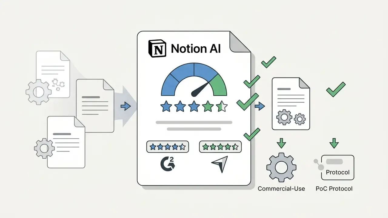Documents with gears feed into a Notion AI satisfaction gauge that outputs validated files and status checkmarks