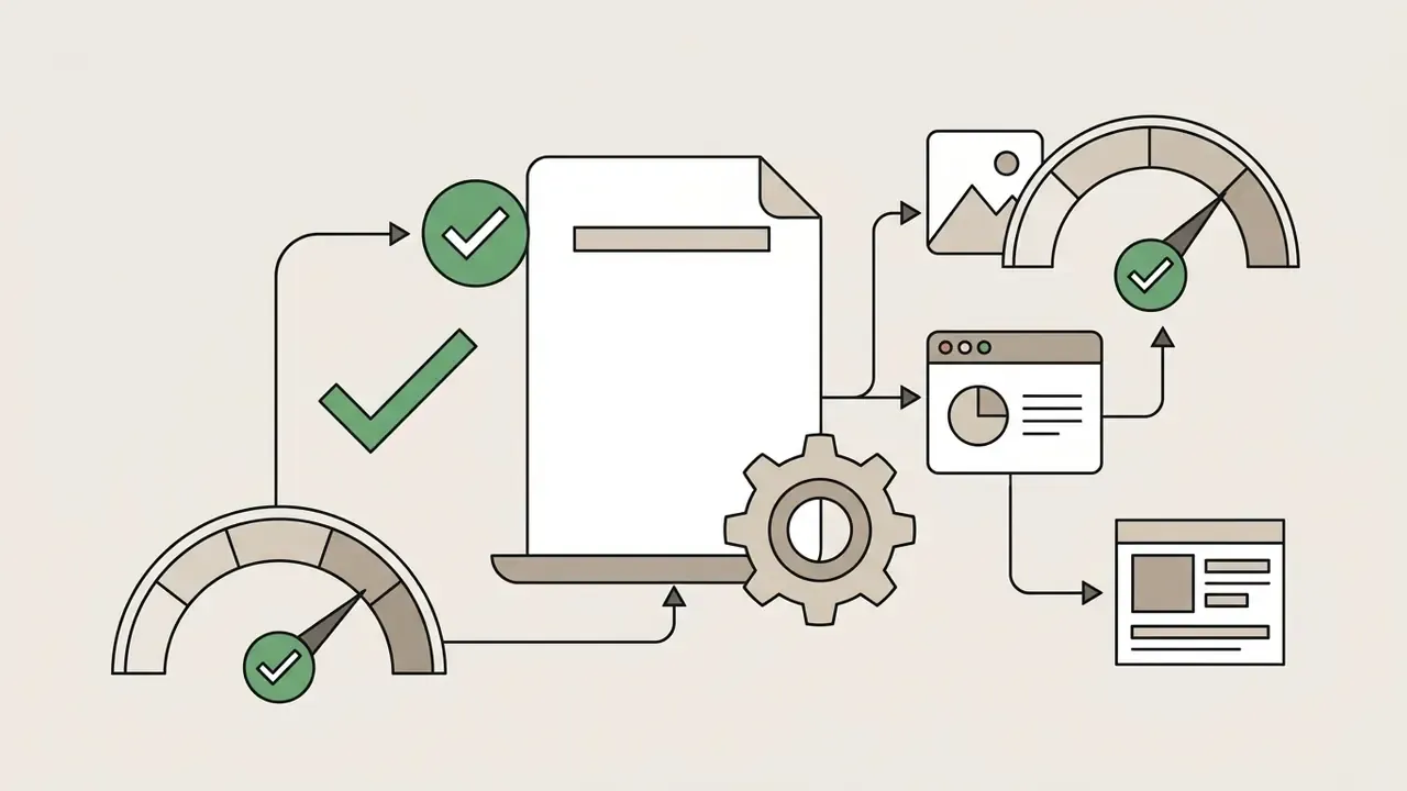 Gauge indicators and checkmarks linked to a document icon and various digital asset output formats