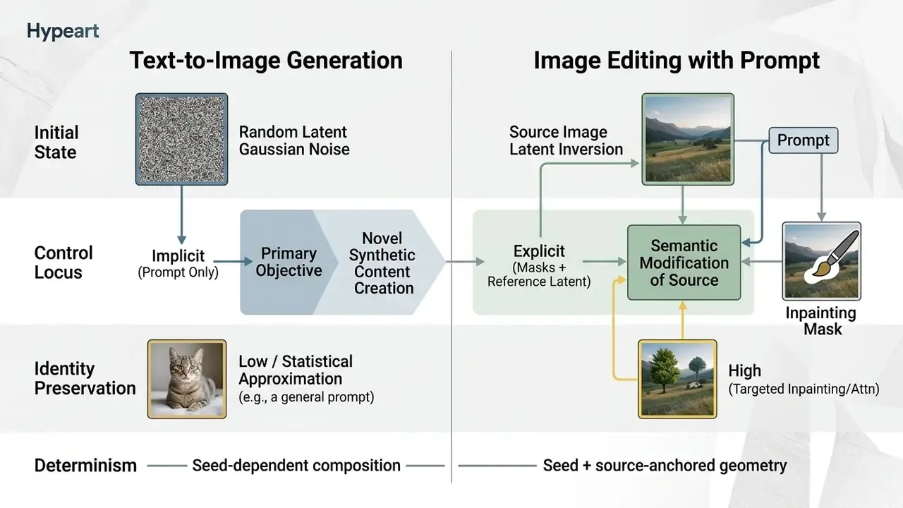 Diagram comparing text-to-image generation and an AI image editor with prompt for semantic modifications