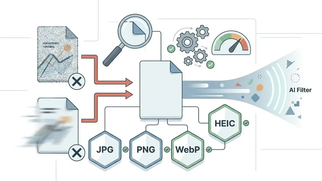 Comparison of noisy or blurry files versus supported JPG, PNG, WebP, and HEIC formats for processing