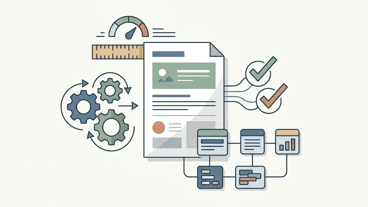 Document icon surrounded by gears, a ruler, checkmarks, and a flowchart representing layout settings