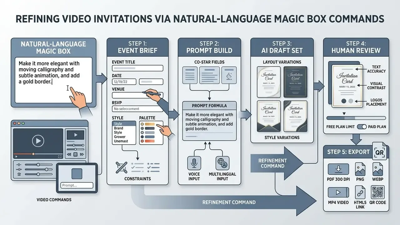 Step-by-step diagram detailing the AI invitation maker workflow from event brief to final file export