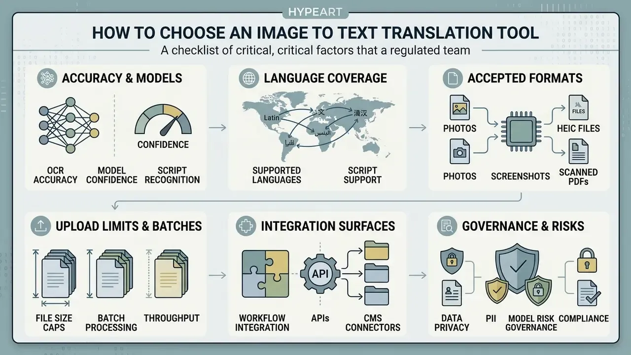 Checklist of factors including accuracy, language coverage, file formats, batch limits, and integration