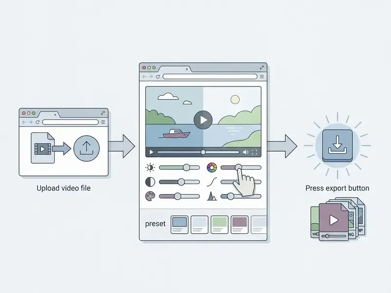 Three-step process showing a video file upload, manual slider adjustments, and clicking the export button