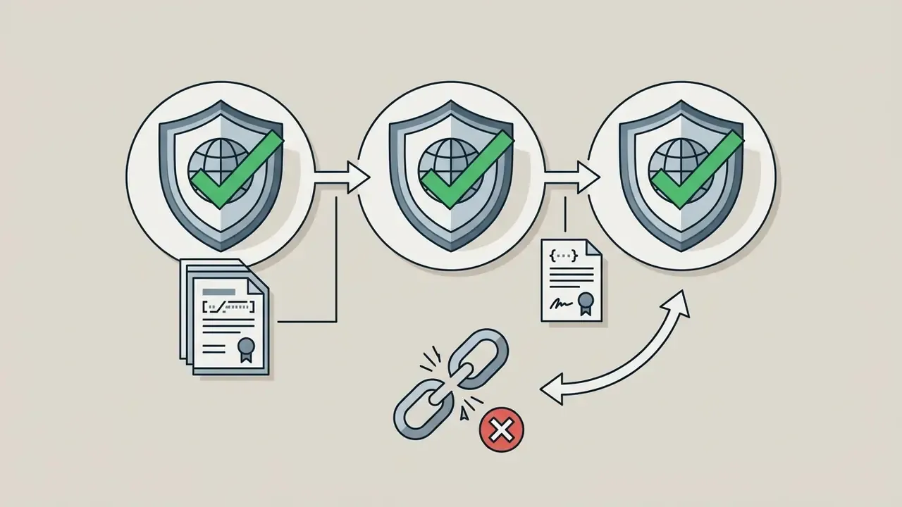 Sequence of three shield icons connected by arrows with attached compliance documents and a broken link