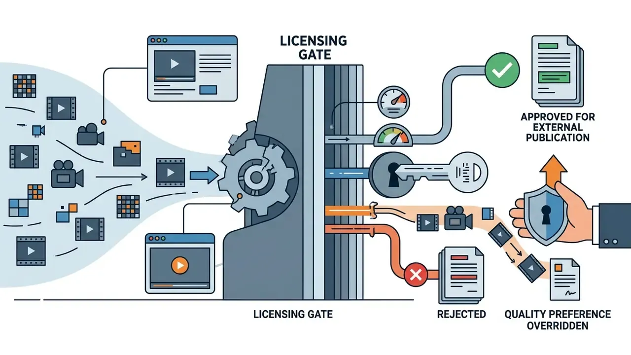 Media files entering a gear mechanism that filters content through a licensing gate for publication approval