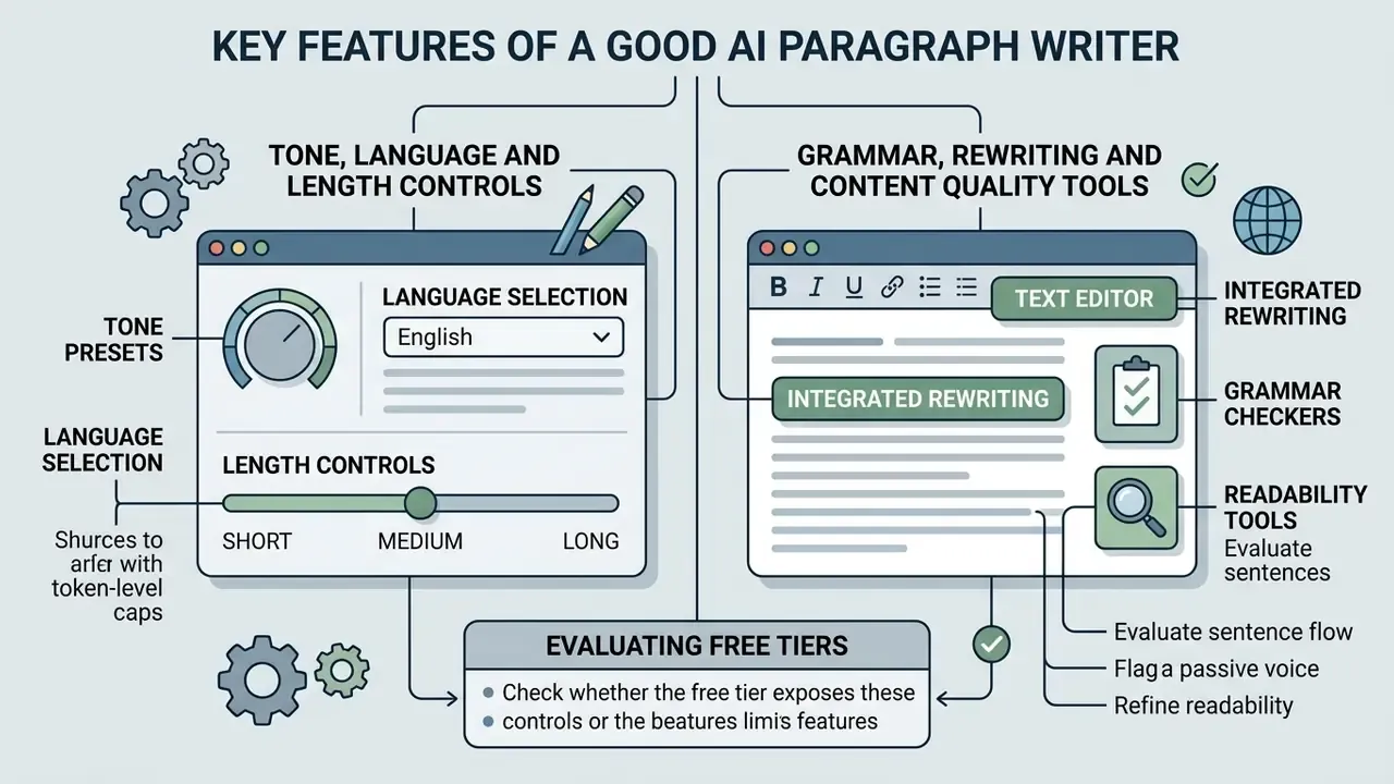 Infographic detailing essential controls and quality tools for an effective AI paragraph generator