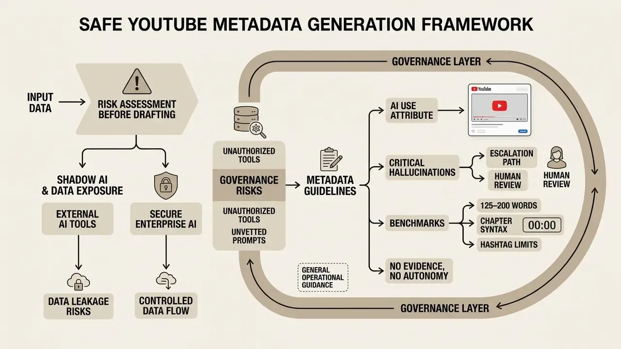 Diagram detailing risks and governance steps for enterprise YouTube metadata generation