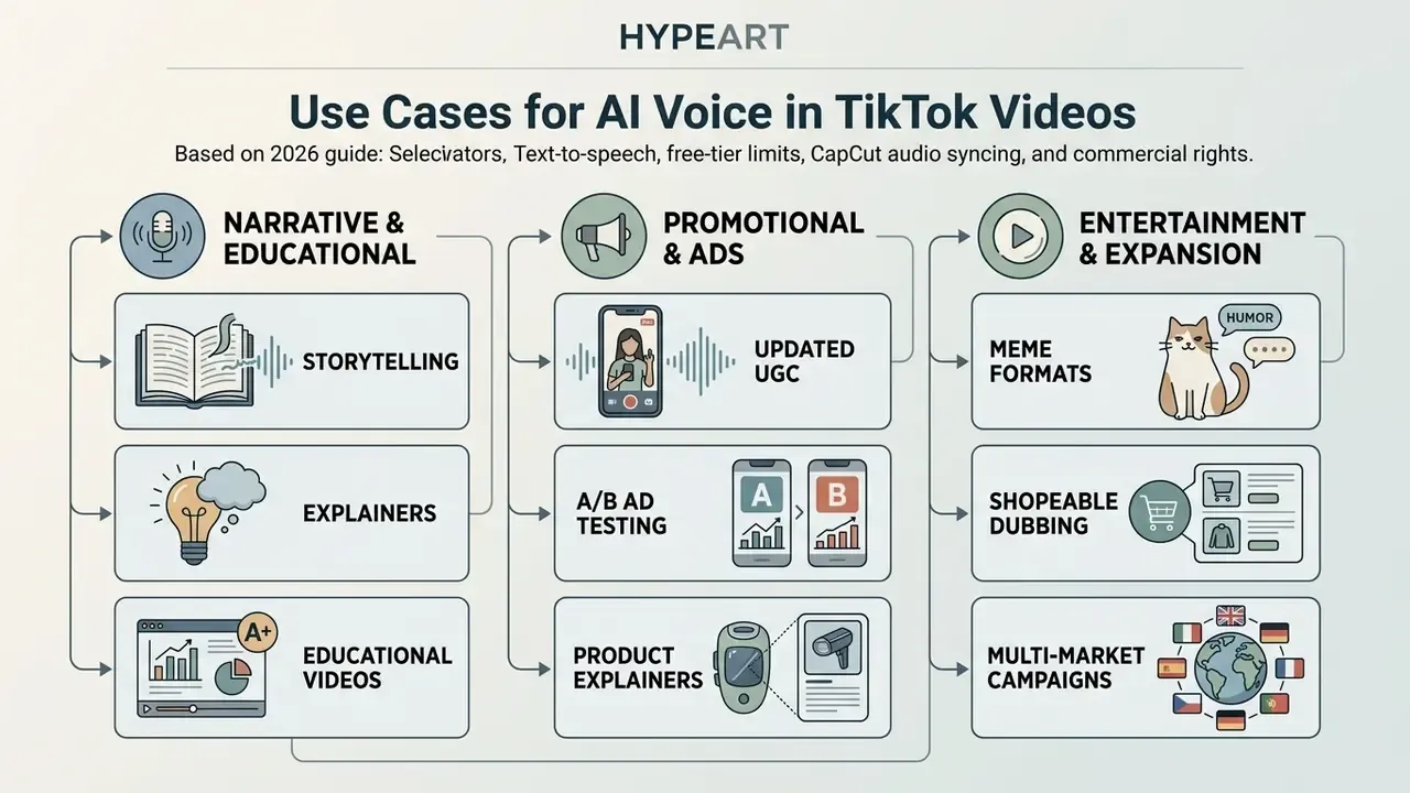 Diagram categorizing synthetic speech applications into narrative, promotional, and entertainment video formats