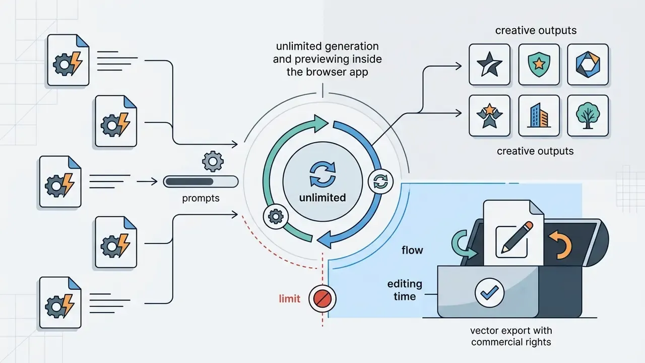Cycle of prompt generation flowing into creative outputs and browser based editing tools