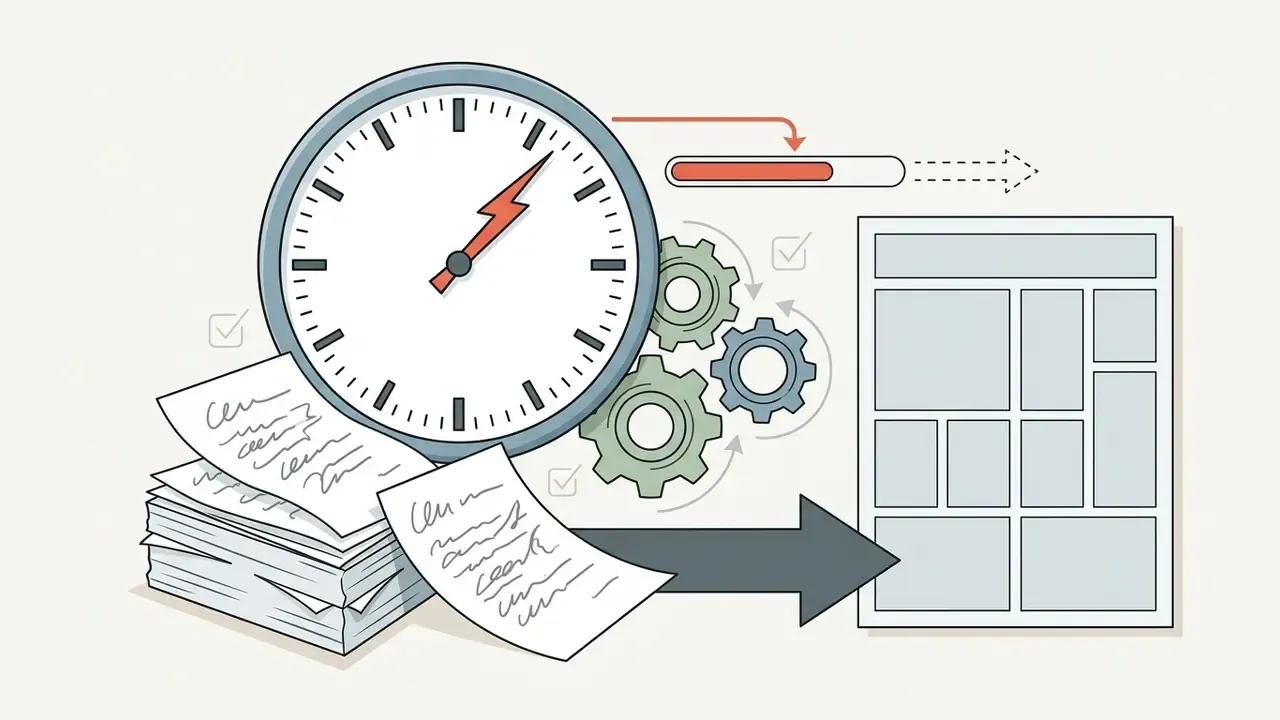 Clock with a lightning hand and gears moving a stack of papers into a newspaper layout template