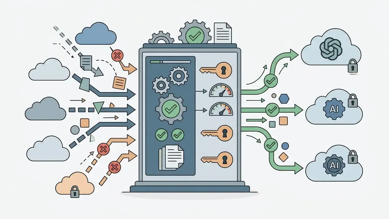 Central gateway processing incoming requests and routing them to external AI services using vendor keys