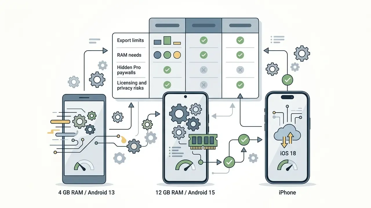 Comparison table of device performance and app limitations across different Android and iOS hardware